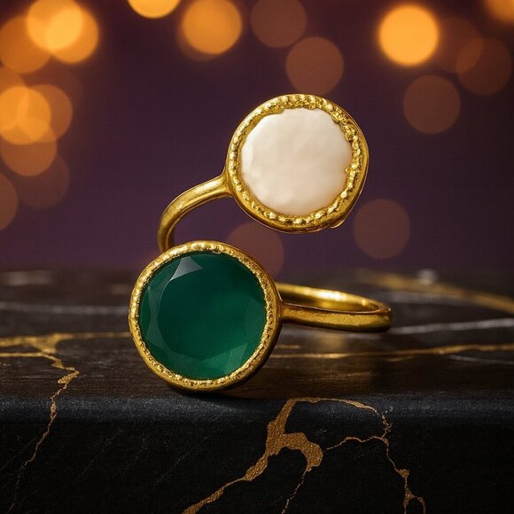 🆕️Turkish Artisan Genuine Emerald & Glass Pearl Adjustable Ring 18K Gold Plated - Picture 5 of 15